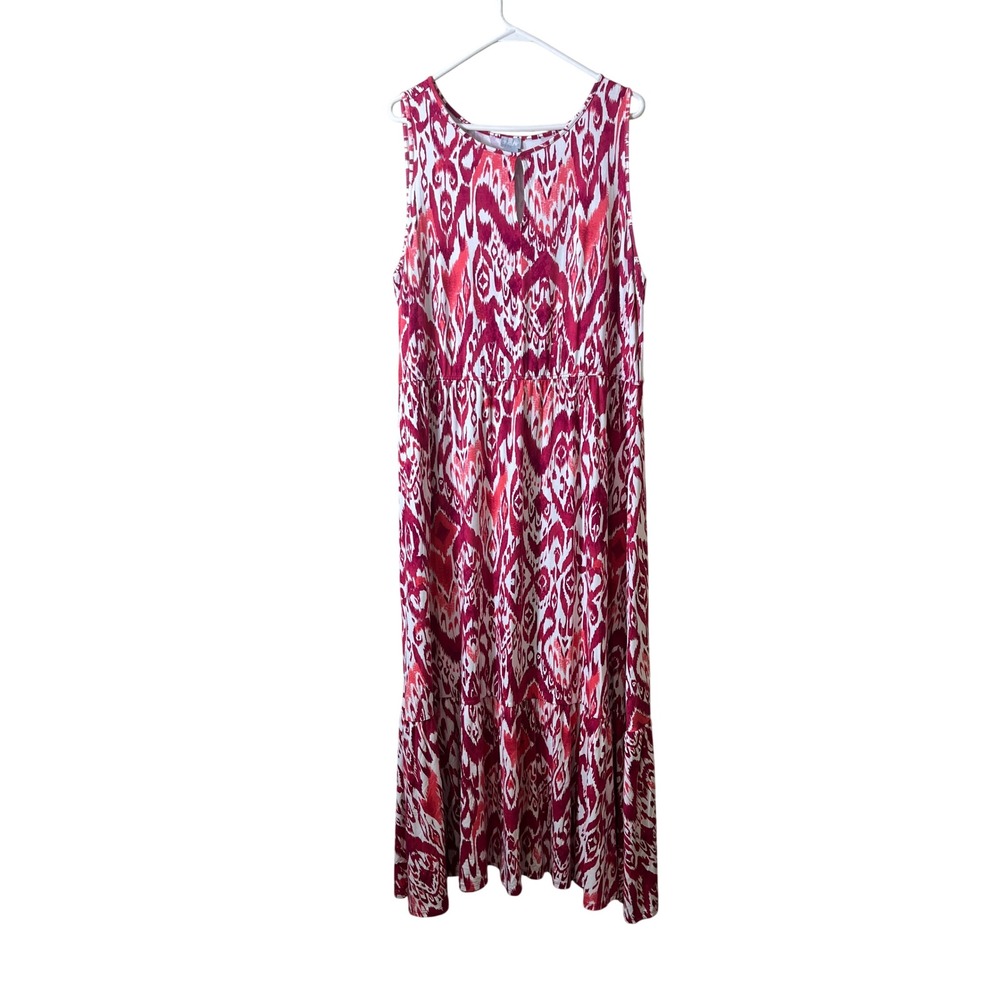 Chicos Pink Ikat Print Maxi Dress Size 3 Boho Sleeveless Keyhole Tiered Pink